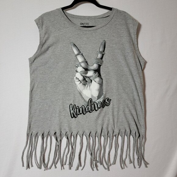 On Fire Womens Tank Top Size 2X, Kindness Fringe Hemline 100% Cotton Gray - Picture 1 of 5
